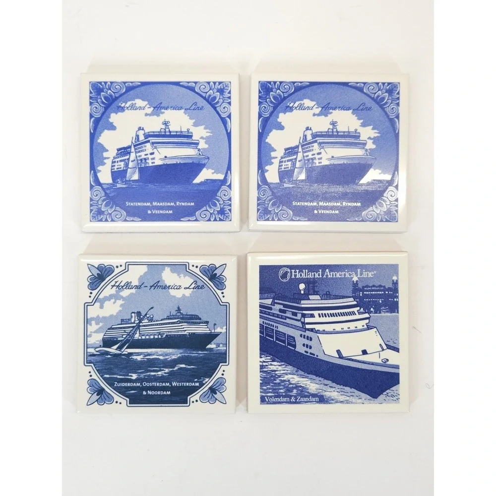 Vtg Holland America Line Tile Coaster Delft Blue Maritime Coastal Decorative 4pc